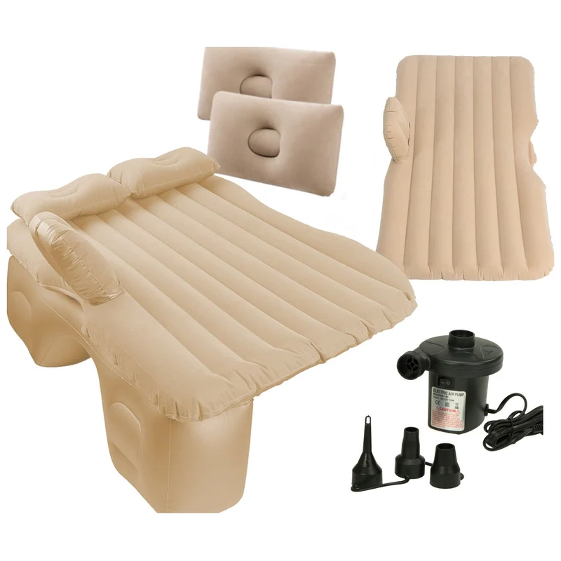Ikonka Opblaasbaar Automatras met 2 Kussens en Pomp – 130 x 80 cm – Beige – Autobed Tot 300 kg – Inclusief Draagtas en Reparatieset