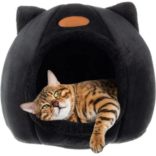 Kattenhuis 40 × 40 × 37 cm – Pluche Kattenmand met Uitneembaar Kussen – Tot 6 kg – Zwart