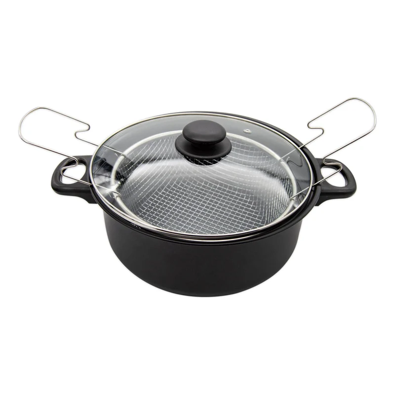 Meyerhoff Frituurpan 24 cm – 4L – Met Mandje en Glazen Deksel – Voor op het Fornuis – RVS Zwart – Multifunctionele Frituurpan met Gelijkmatige Warmteverdeling