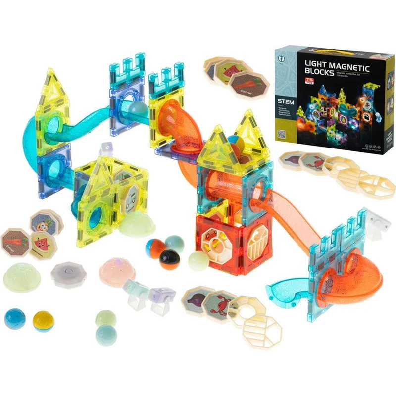 Lichtgevende Magnetische Knikkerbaan 75-delig – STEM Speelgoed – Educatieve Bouwset met Glow Ballen & Lichtblokken – Vanaf 3 Jaar