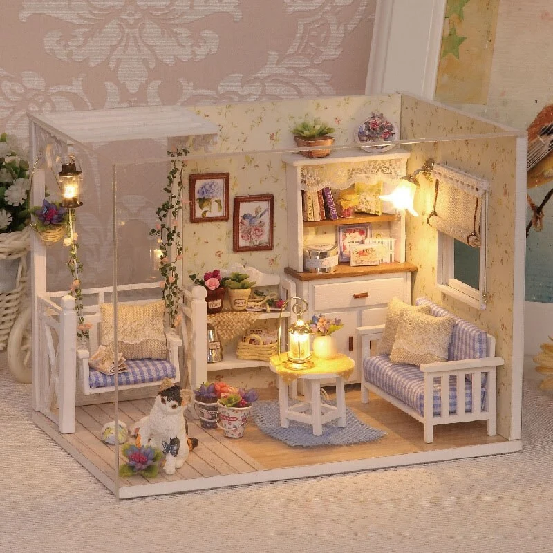 Ikonka DIY Modelbouw Woonkamer – Miniatuurhuisje Kitten Diary 17 cm – Creatief Retro Bouwpakket