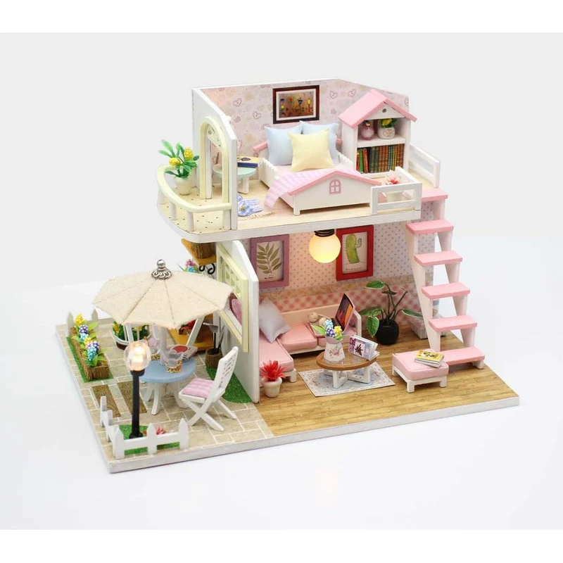 Ikonka DIY Modelbouw Poppenhuis Twee Verdiepingen met LED – Pink Loft Miniatuurhuisje – Creatief Bouwpakket 19,5 cm