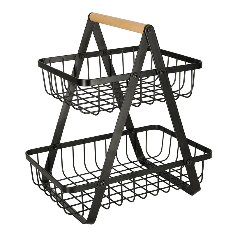 Trendmix Fruitschaal 2 Laags – Zwarte Fruitmand & Etagere met Houten Handvat