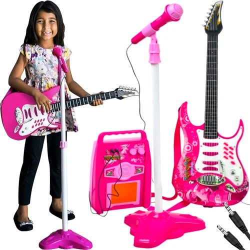 Elektrische Gitaar voor Kinderen Roze – Inclusief Microfoonstandaard, Versterker, Gitaarband & MP3 Functie – Licht- & Geluidseffecten