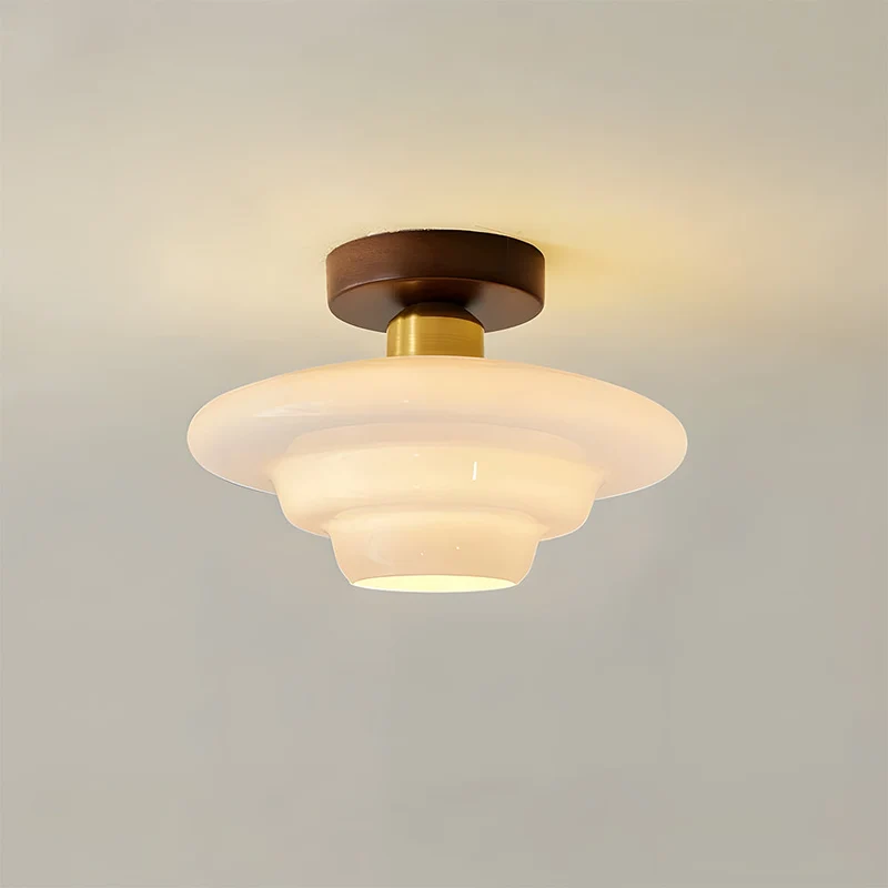 Plafondlamp Gang Hout Walnoot ⌀ 28-32 cm Glas E27 Opbouw Hal Entree | Sansoti