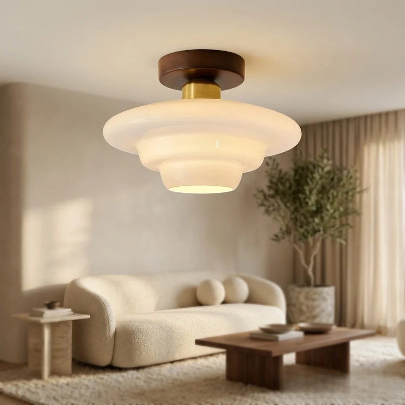 Plafondlamp Hout en Glas – Houten Plafondlamp Rond ⌀28/30/32 cm – Walnoot met Koper, E27 met Led-lamp – Scandinavisch Design voor Hal, Gang, Keuken en Eettafel | Sansoti