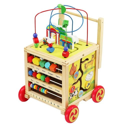 Houten Educatieve Baby Loopwagen – Speel- & Leerkubus – Vanaf 12 Maanden – Motoriek Montessori Speelgoed – Met Kralen, Blokken & Klok