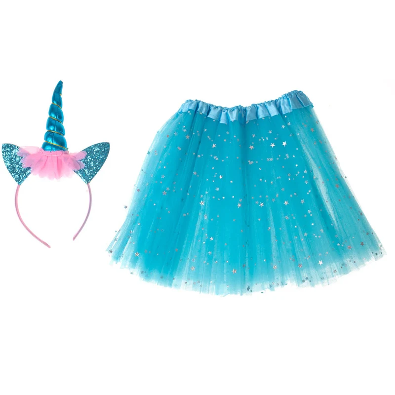 Unicorn Verkleedset Kind – Carnaval Outfit met Glitters & Tutu Rok – Blauw – Unicorn Kostuum voor Meisjes
