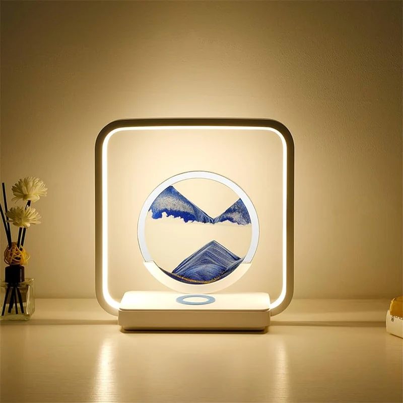 Zandkunst Nachtlamp met Draadloze Oplaadplek – Sierlijk Bewegend Zand & LED-Verlichting voor Slaapkamer Bureau Decoratie | Sansoti