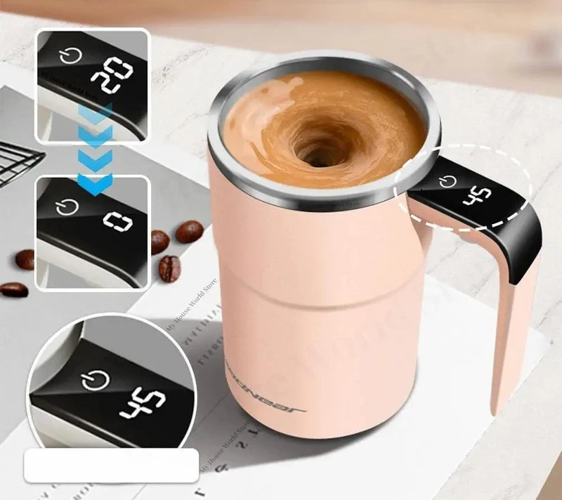 Zelfroerende Koffiemok Oplaadbaar met Magnetische Mixer LED Temperatuurindicator Roestvrij Staal Automatisch | Sansoti
