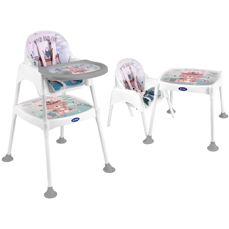 Guimo 3-in-1 Voedingsstoel / Kinderstoel met 5-puntsgordel Wild & Free Blauw – Verstelbare Eetstoel voor Baby’s – Ook als Tafel met Stoel