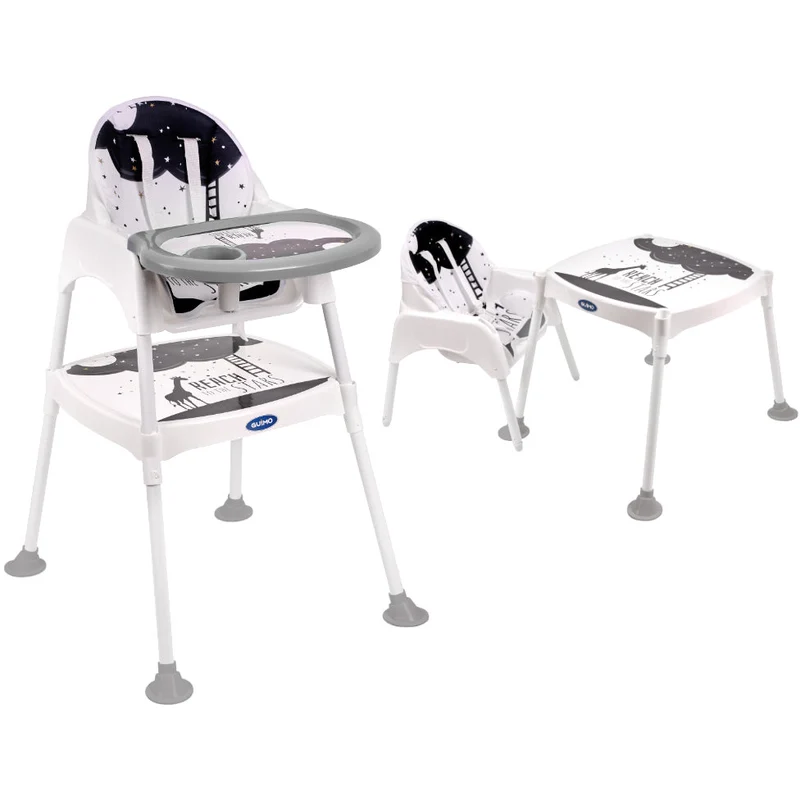 Guimo 3-in-1 Voedingsstoel / Kinderstoel met 5-puntsgordel Stars Zwart – Eetstoel met Tafel – Verstelbare Baby Eetkamerstoel