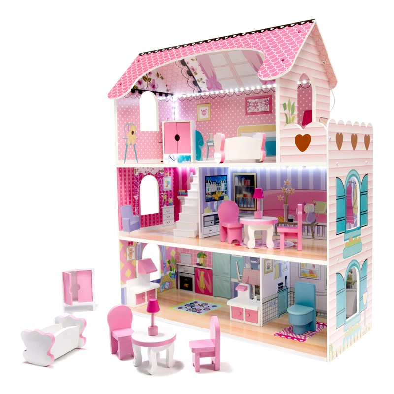 Houten Poppenhuis 70 cm – Groot Poppenhuis met Meubels & LED
