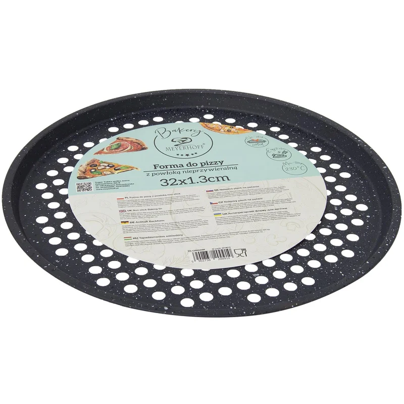 Meyerhoff Bakery Pizzabakplaat Ø 32 cm – Zwart Marmer – Antiaanbaklaag – Geperforeerde Pizza Bakvorm – Koolstofstaal – Ovenbestendig tot 230°C
