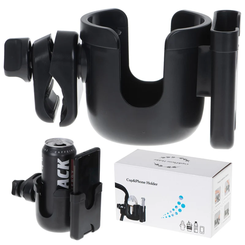 2-in-1 Bekerhouder & Telefoonhouder voor Kinderwagen of Fiets – Universele Houder – 360° Verstelbaar – Zwart
