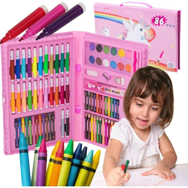 Tekenset voor Kinderen 86-delig – Roze Kleur- & Schilderkoffer met Verf, Potloden, Markers & Krijtjes – Complete Kunstset