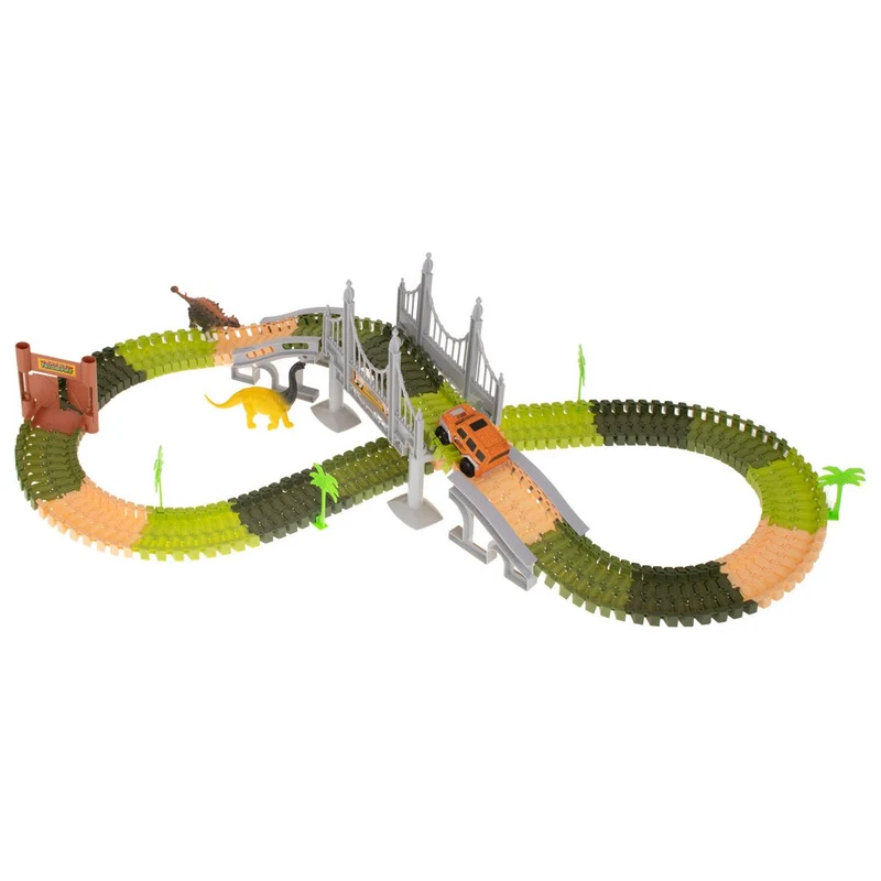 Dinosaurus Racebaan 228-delig – Autobaan Jungle Speelset met Auto op Batterij, Brug, Dinos & Accessoires