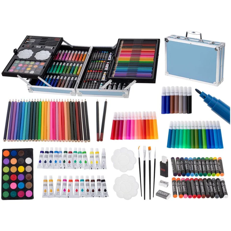 145-Delige Teken- en Schilderset – Complete Kunstset in Blauwe Opbergkoffer – Potloden, Stiften, Verf, Oliepastels & Accessoires