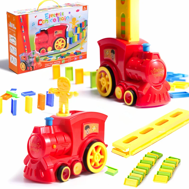 82-delige Speelgoed Domino Trein – Automatische Stapeltrein met Geluid & Licht – Inclusief 80 Domino Stenen & Cactus – Educatief Speelgoed – Rood
