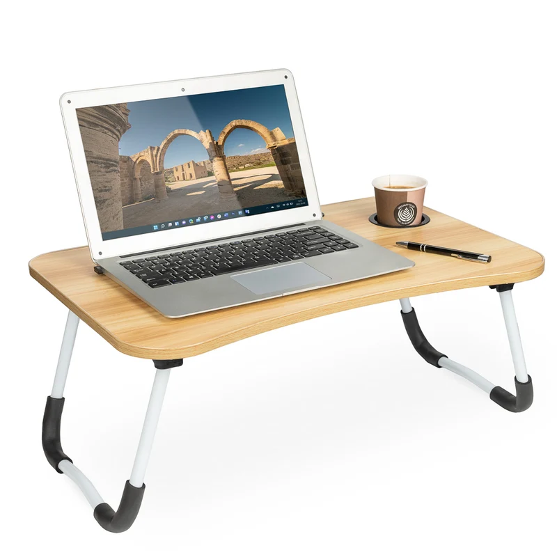 Laptoptafel met bekerhouder en tablethouder - Laptopstandaard - Schoottafel - Bedtafel - MDF Hout - Naturel - 60x40x25 cm