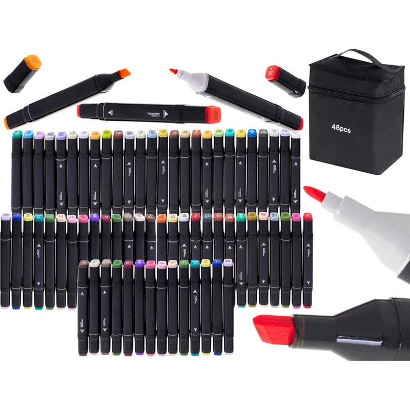 Dubbelzijdige Alcoholmarkers 48-delig – Twinmarkers in Luxe Etui – Dual Tip Stiften met Dikke & Dunne Punt – Professionele Kleurstiften voor Tekenen, Handlettering & Bullet Journals