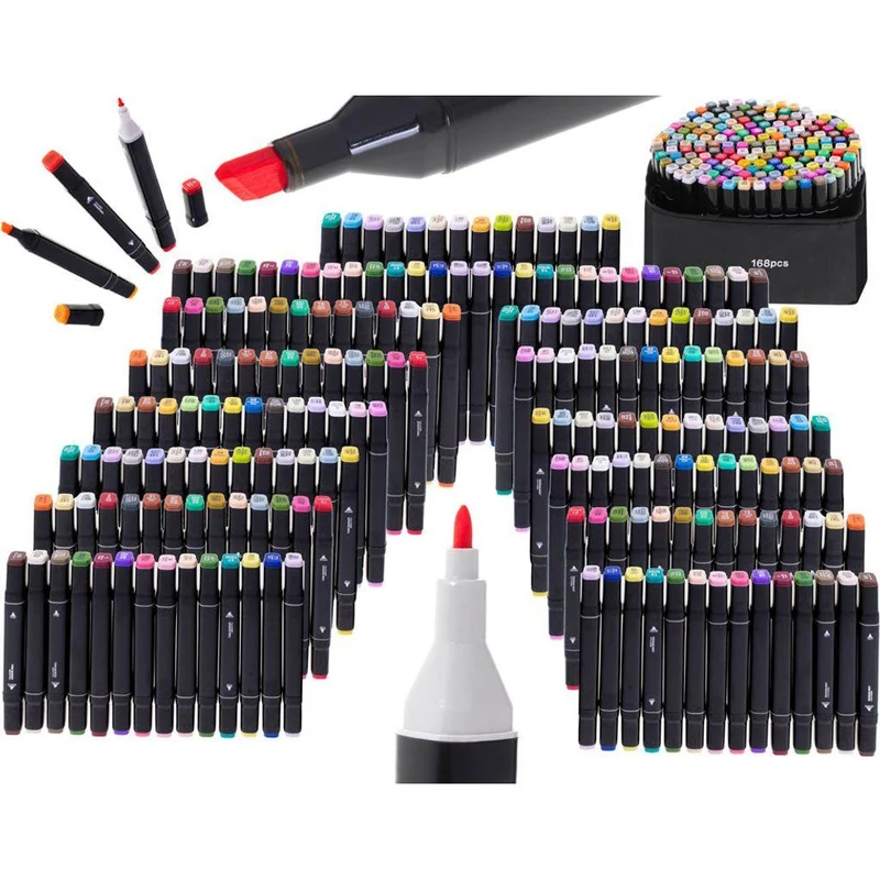 Dubbelzijdige Alcoholmarkers 168-delig – Twinmarkers in Etui – Dual Tip Stiften met Dikke & Dunne Punt – Kleurstiften voor Tekenen, Handlettering & Bullet Journals
