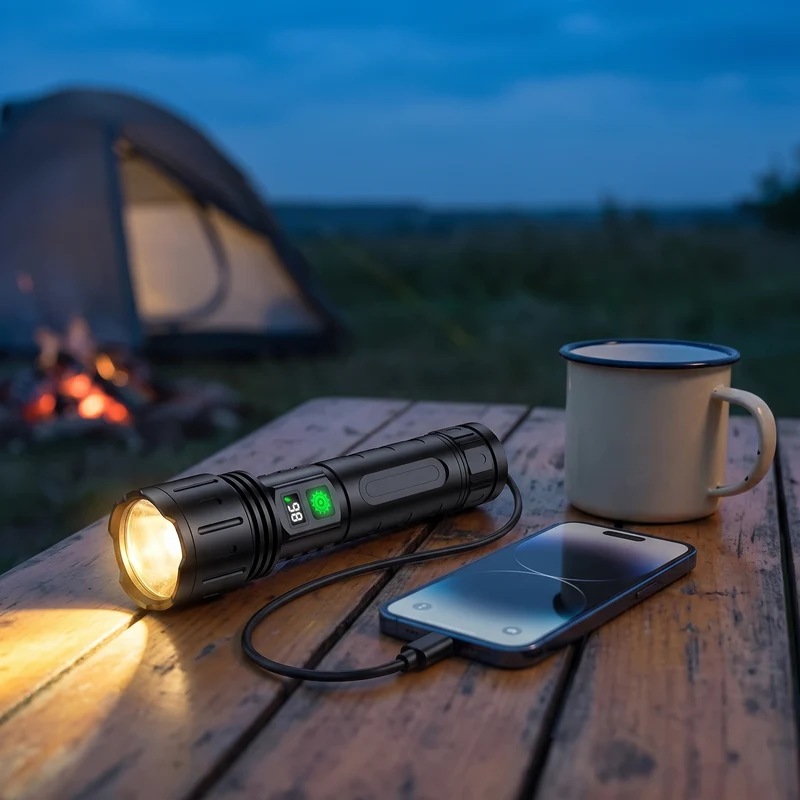 Zaklamp met Powerbank Functie USB-C 5000 mAh 20 Uur Brandtijd LCD Display Camping IPX5 | Sansoti