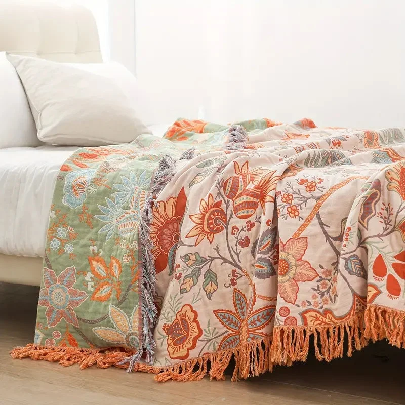 Bedsprei 230x250 cm Katoen Boho Bloemenmotief Franjes Tweepersoons Sprei Oranje Blauw Crème | Sansoti