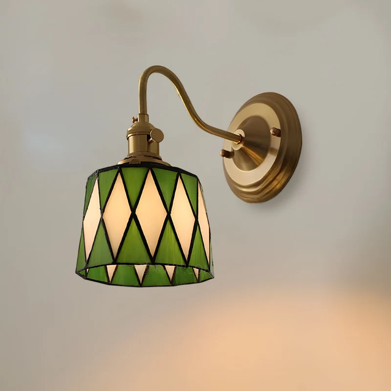 Koperen Wandlamp Studeerkamer E27 Gekleurd Glas 24-28 cm Hoog Art Deco Binnen Bibliotheek | Sansoti