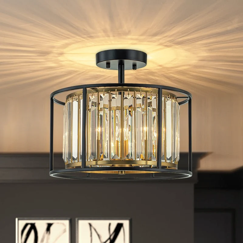 Kristallen Plafondlamp met Drie Lichtpunten en Kaarsverlichting – Zwart en Messing Afwerking | Sansoti