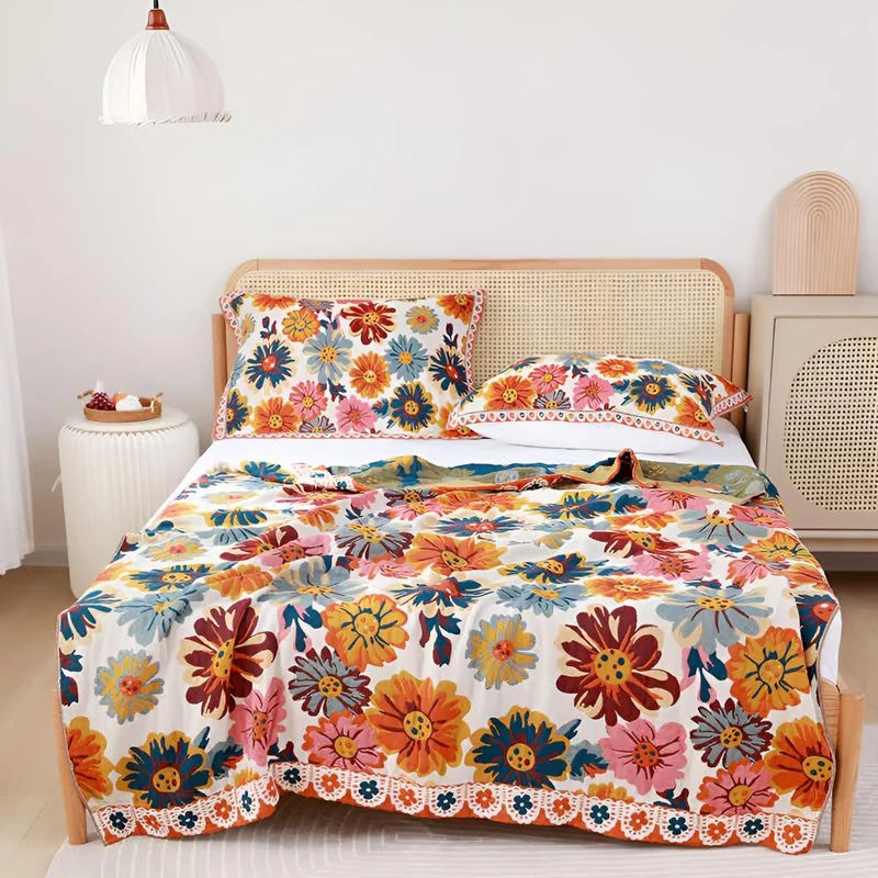 Katoenen Plaid met Kleurrijk Bloemdesign – Zacht & Omkeerbaar – Multifunctioneel voor Bank of Bed | Sansoti