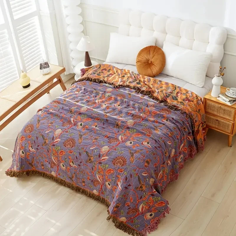 Botanische Katoenen Plaid met Kwasten – Gebloemde Jacquardweving Omkeerbaar Bedsprei Bankkleed Fauteuil Deken voor Alle Seizoenen | Sansoti