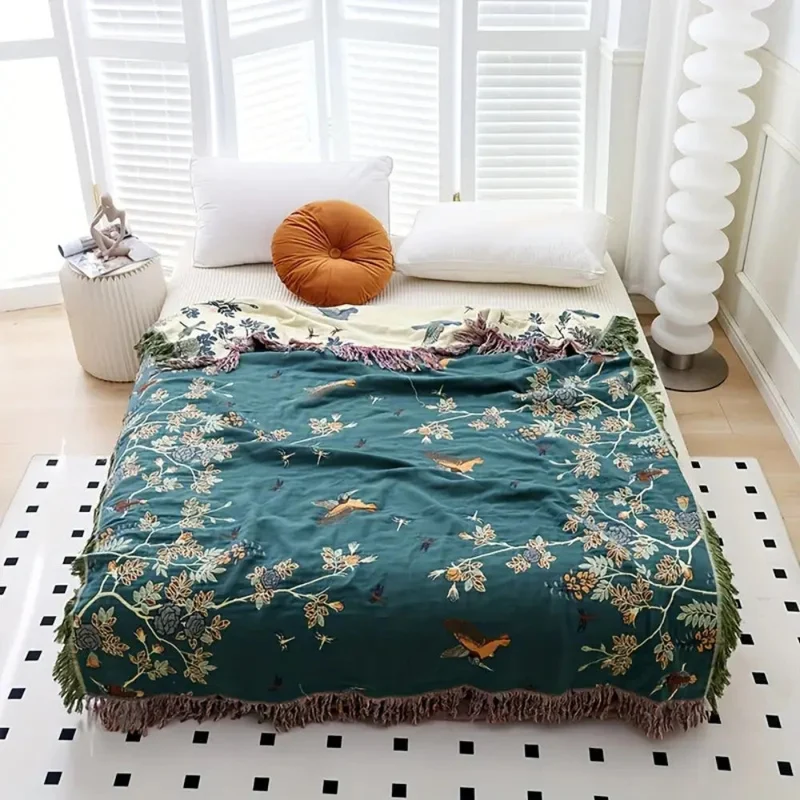 Meerlaagse Gazen Katoenen Plaid met Kwasten en Jacquardpatroon voor Bed en Bank | Sansoti