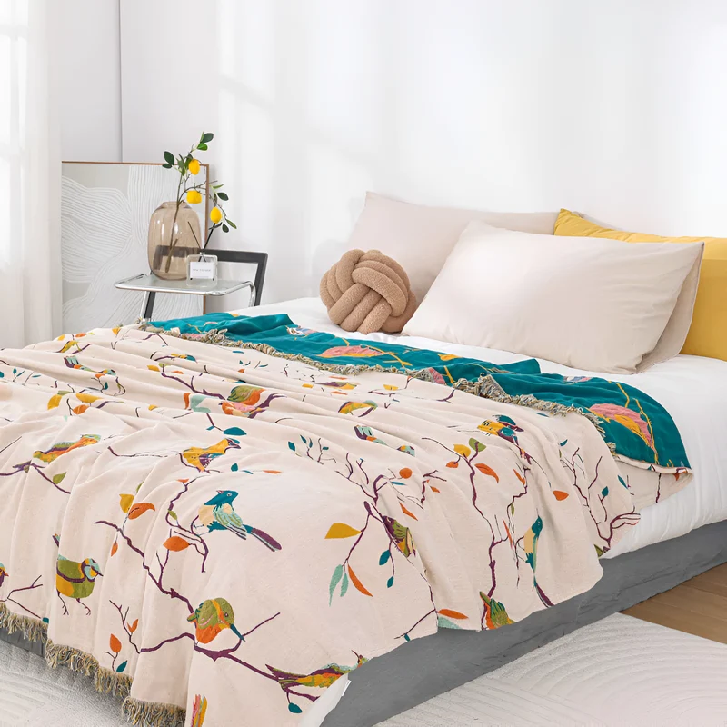 Katoenen Plaid met Vogelmotief en Kwastjes – Vintage Boho Stijl Deken voor Bank, Bed of Picknick | Sansoti