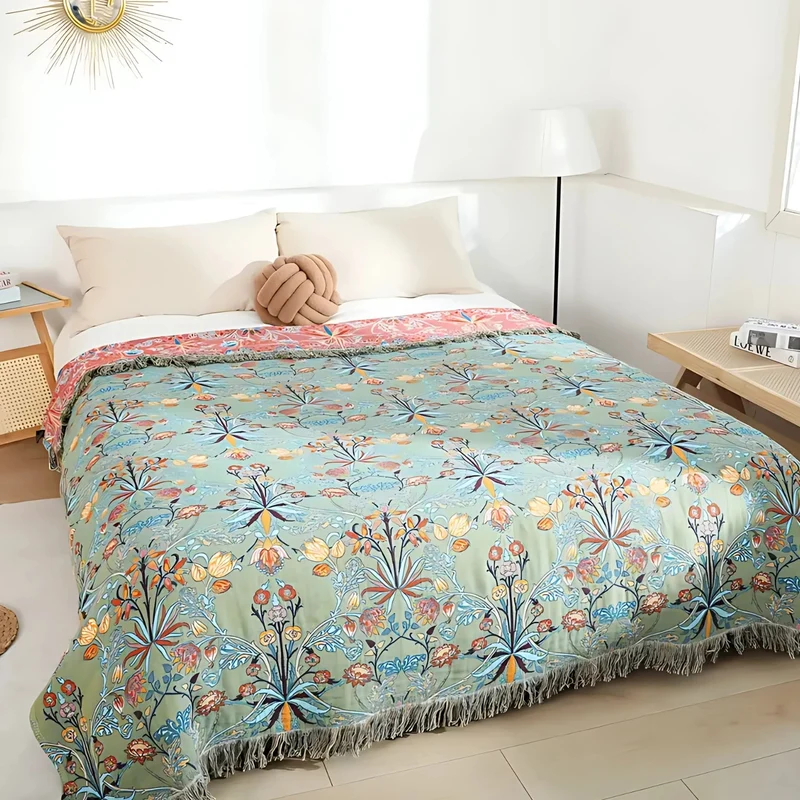 Katoenen Wenddeken met Bloemenweving en Kwasten – Zachte Jacquardplaid voor Bed en Bank | Sansoti