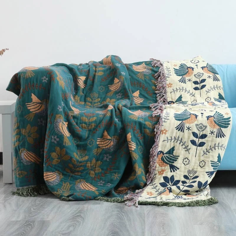 Wendbare Katoenen Plaid met Vogels en Bloemen – Botanisch Scandinavisch Design voor Bank en Bed | Sansoti