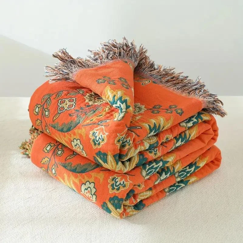 Omkeerbare Katoenen Plaid Marigold – Zachte Deken met Bloemenpatroon Oranje Turquoise – Vintage Landelijke Stijl voor Bank Picknick Bed | Sansoti