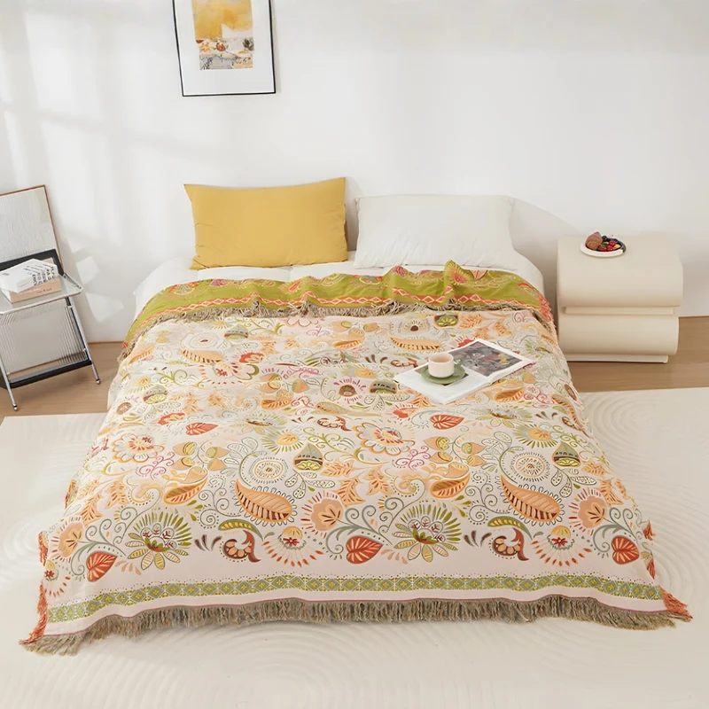 Omkeerbare Bohemien Plaid met Herfstbladeren en Kwastjes – Zachte Katoenen Gauze Deken voor Bank en Bed | Sansoti