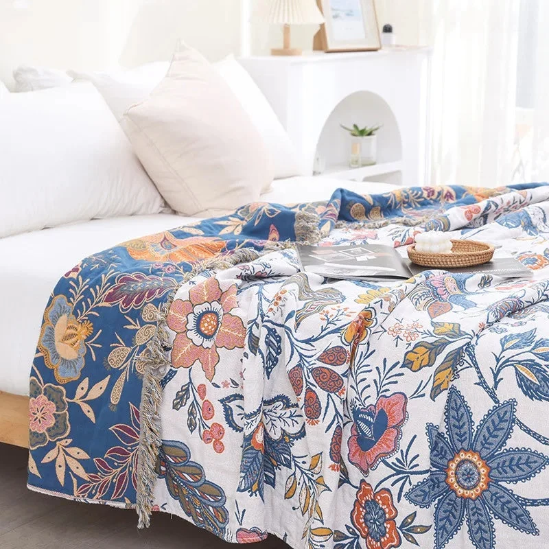 Jacquard Katoenen Plaid met Bloemenprint en Kwastjes – Zacht Reversibel Banklaken – Scandinavisch Geïnspireerde Woondeken | Sansoti