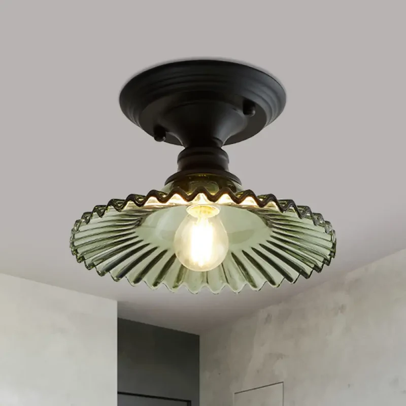 Industriële Plafondarmatuur met Geribbeld Glas – Groen/Helder Retro Fitting E26/E27 | Sansoti