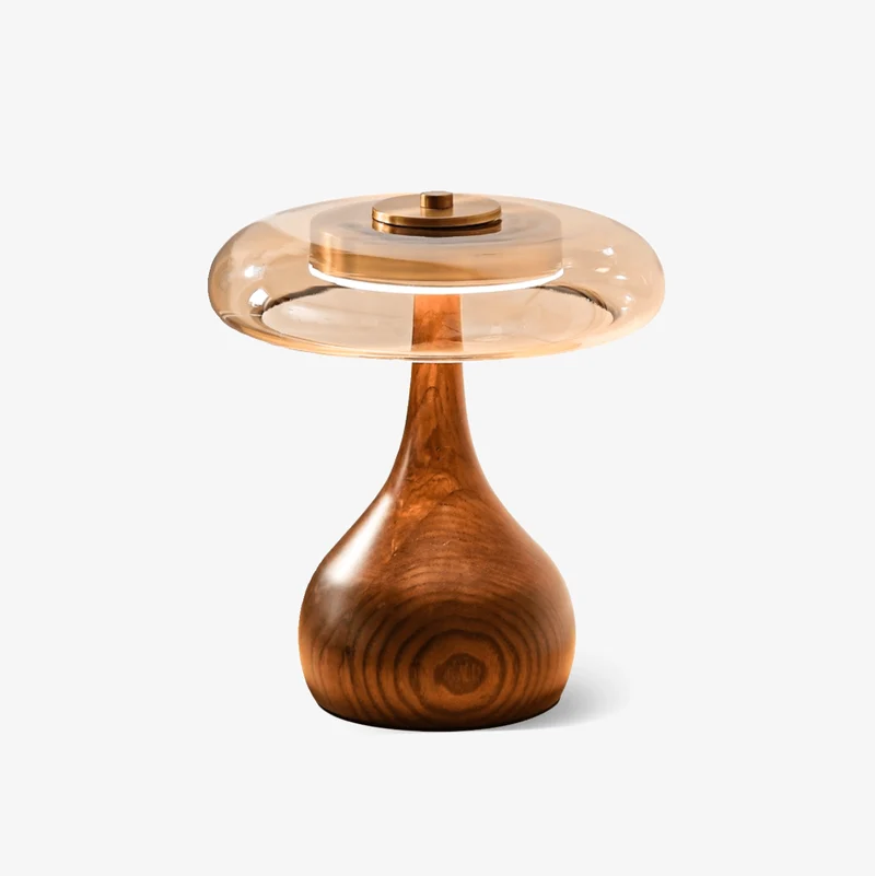 Tafellamp met Gebogen Houten Voet en Amberen Glazen Kap - Modern Scandinavisch Design - Warmwit Licht - Plug-in 150 cm Snoer - ø 8,7" - 2 Hoogtes | Sansoti