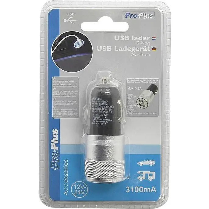ProPlus autolader USB dubbel 12/24 Volt 3,1A zwart/zilver