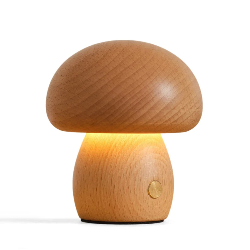 Houten Paddenstoel Tafellamp met Ingebouwde Batterij & Touch-bediening – Warm Sfeerlicht voor Woonkamer, Slaapkamer, Kantoor – Oplaadbare LED-lamp met Dimfunctie – Decoratieve Sfeerverlichting | Sansoti