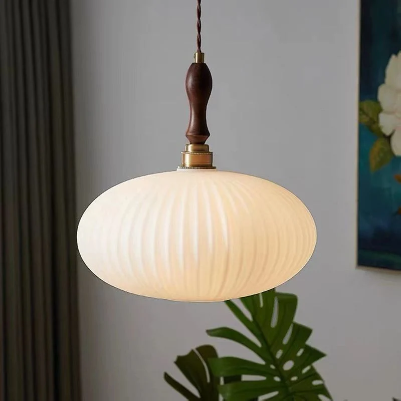 Hanglamp Glas Melkwit Koepelvorm Walnoot Hout 25cm Modern Klassiek Design Eetkamer Keuken Woonkamer Café | Sansoti