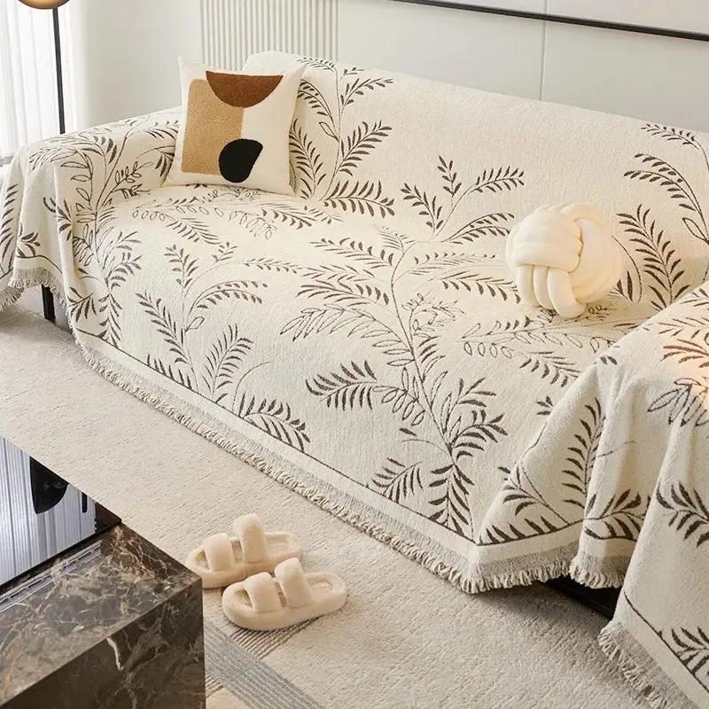 Chenille Jacquard Bankbeschermer met Bladpatroon – Antislip Bankhoes Bescherming | Sansoti