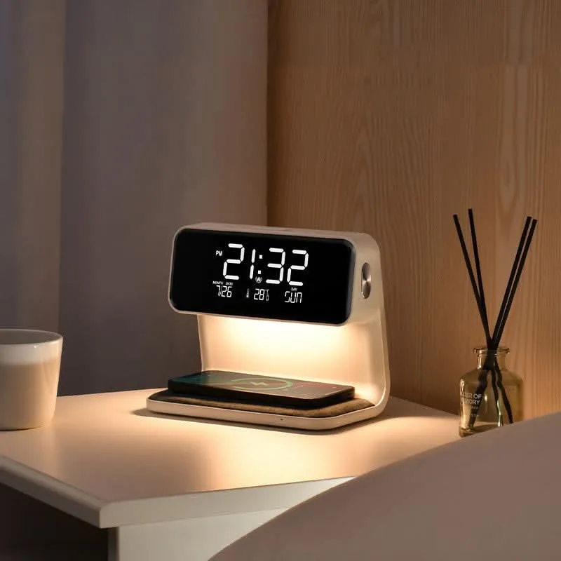 Multifunctioneel LED Wekker met Draadloze Oplader en Dimfunctie - Modern Design voor Nachtkastje | Sansoti