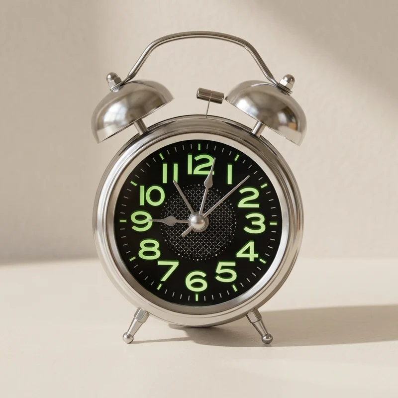 Retro Wekker met Dubbele Bel Zilverkleurige Metalen Behuizing Stille Quartz Beweging Nachtlicht Mechanisch Alarm voor Diepe Slapers Glazen Voorplaat 10cm Klassiek Design Batterijvoeding | Sansoti