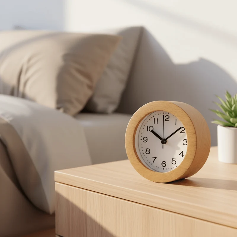 Houten Wekker Rond Beukenhouten Kast Analoge Wijzerplaat 10 × 9,6 × 4,7 cm Bureauklok Slaapkamer Nachtkastje Stille Slaapklok Retro Scandinavische Stijl Decoratief Tijdmeter | Sansoti