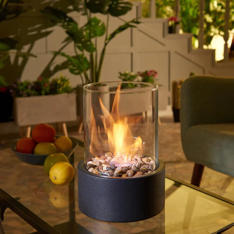 Moderne Bio Ethanol Tafelhaard Met Glazen Cilinder En Rookvrije Vlam Voor Binnen En Buiten Sfeerverwarming | Sansoti