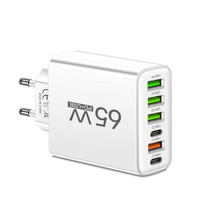 6-in-1 USB Oplader 65W – Laad Tot 6 Apparaten Tegelijk – Compacte Multi-Oplaadstation voor Smartphone Tablet Laptop | Sansoti